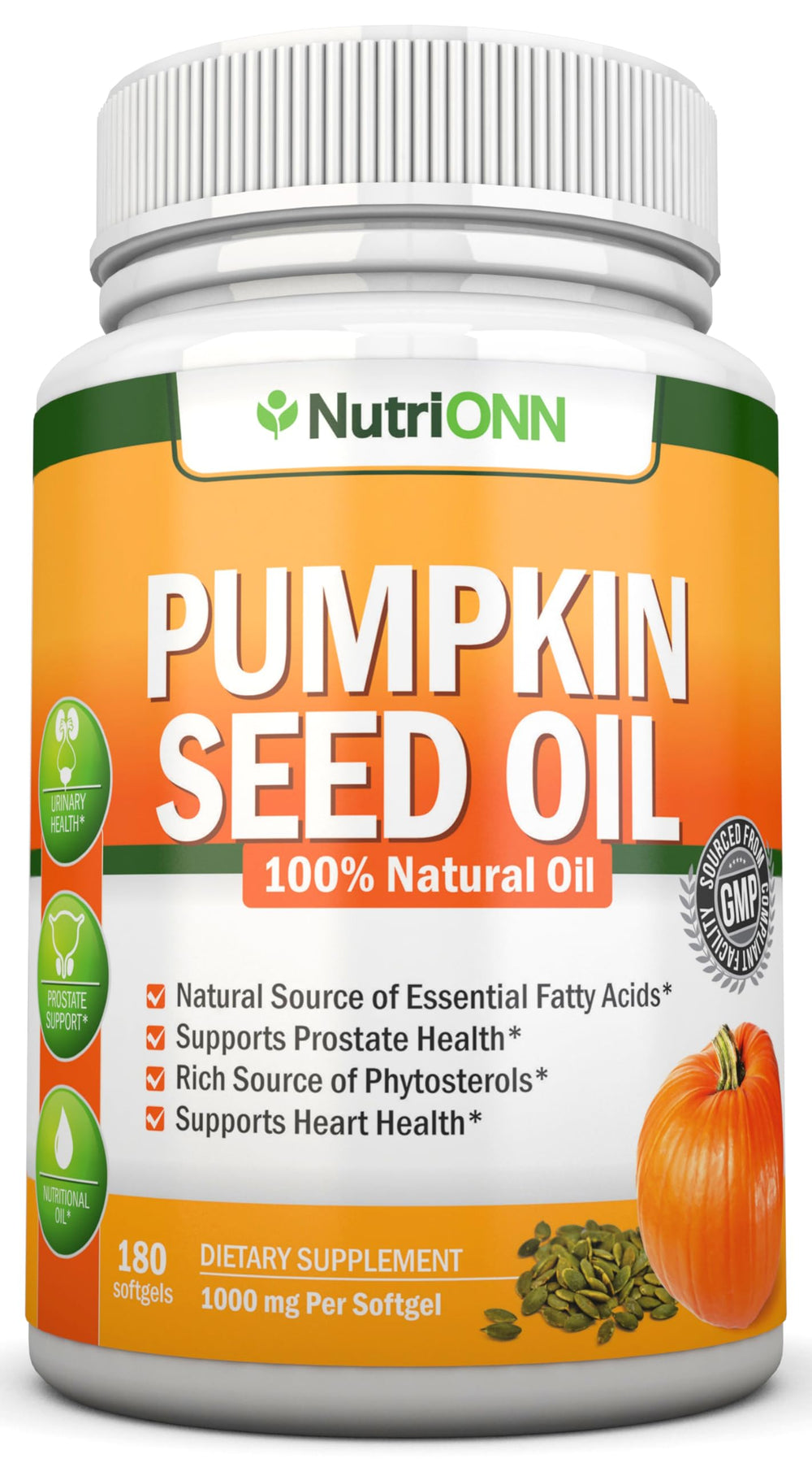 Bottle of NutriONN Pumpkin Seed Oil 1000mg 180 softgels