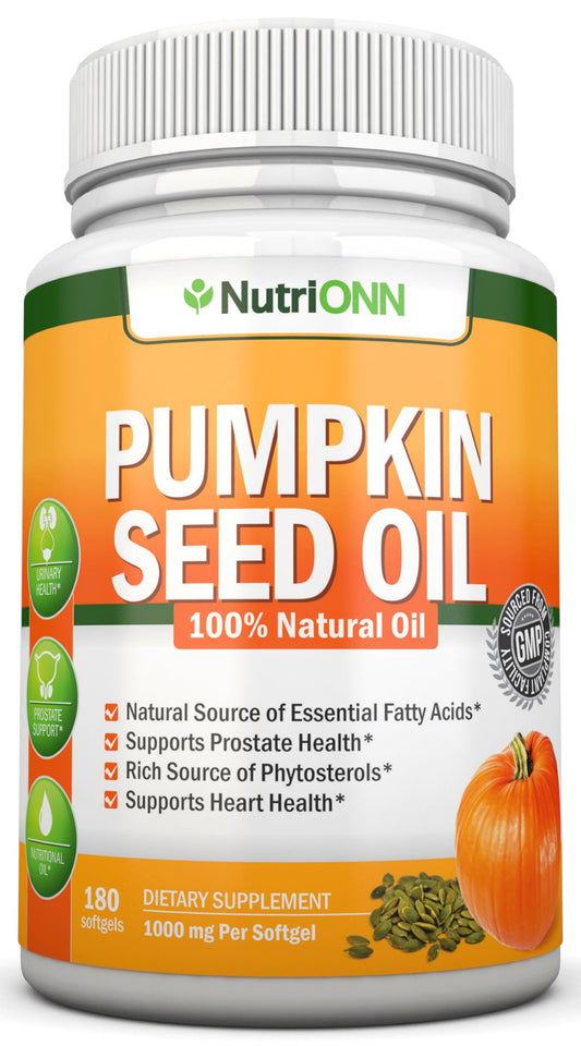 Bottle of NutriONN Pumpkin Seed Oil 1000mg 180 softgels