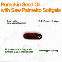 Bottle and several pumpkin seed oil capsules on a flat lay