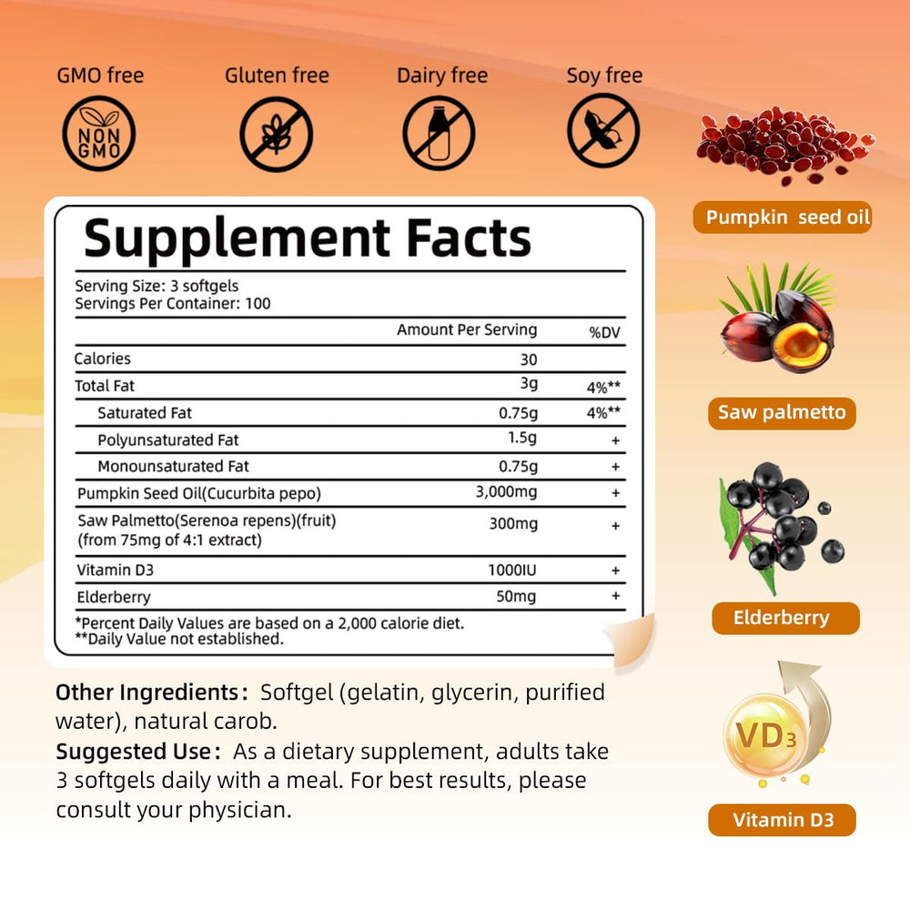 4-in-1 ingredients: pumpkin seed oil, saw palmetto, elderberry, vitamin D3