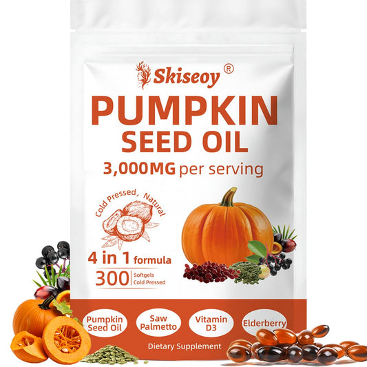 Bottle of Skiseoy 4-in-1 Pumpkin Seed Oil capsules with Saw Palmetto, Elderberry and Vitamin D3
