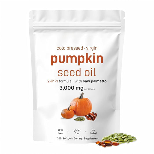 Bottle of pumpkin seed oil with saw palmetto softgels label