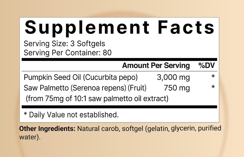Close-up of pumpkin seed oil softgels showing 3,000 mg per serving