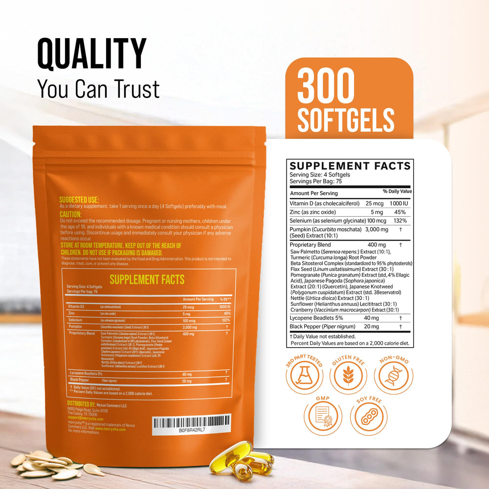 Bottle showing 300 softgels for prostate health supplement