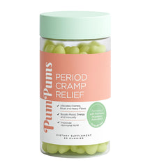 Front view of PumPums period cramp relief gummies packaging
