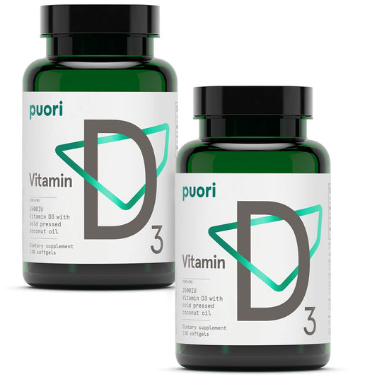 Puori Vitamin D3 Softgels packaging front showing two 120-count bottles