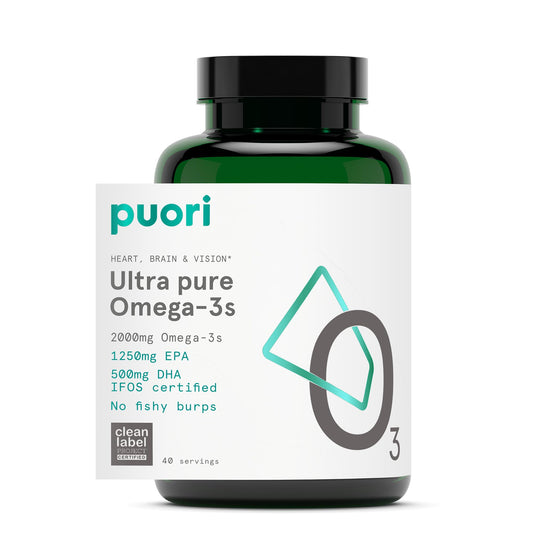 Puori O3 Omega-3 Fish Oil bottle with 120 softgels