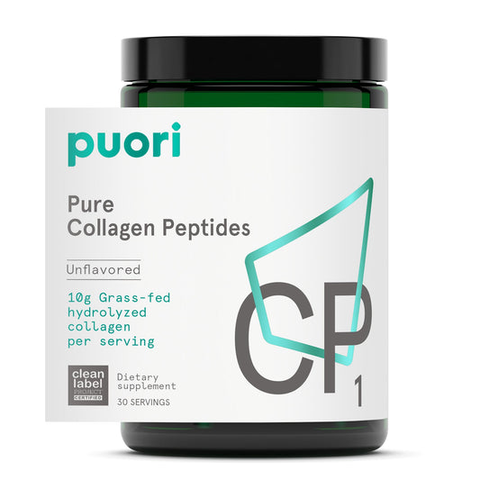 Puori Pure Collagen Peptides Powder Unflavored bottle with scoop on white background