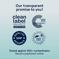 Icons indicating gluten-free, soy-free, non-GMO and pesticide-free