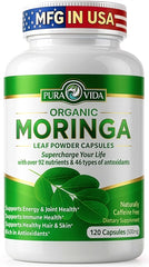Pura Vida Moringa Capsules bottle featuring Single Origin Organic Moringa.