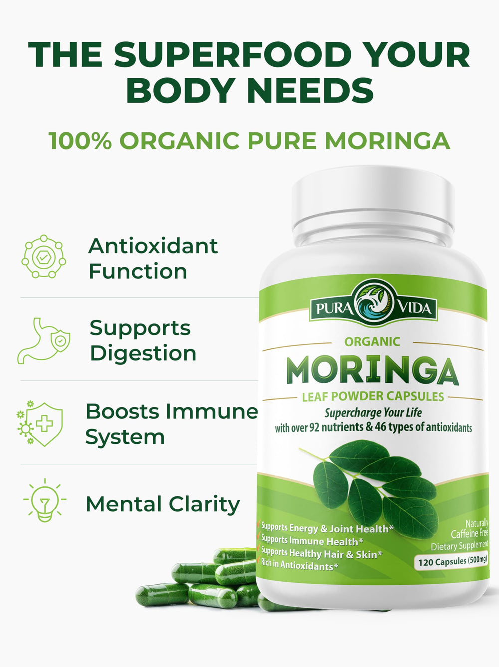 Moringa leaves rich in vitamins and minerals infographic.