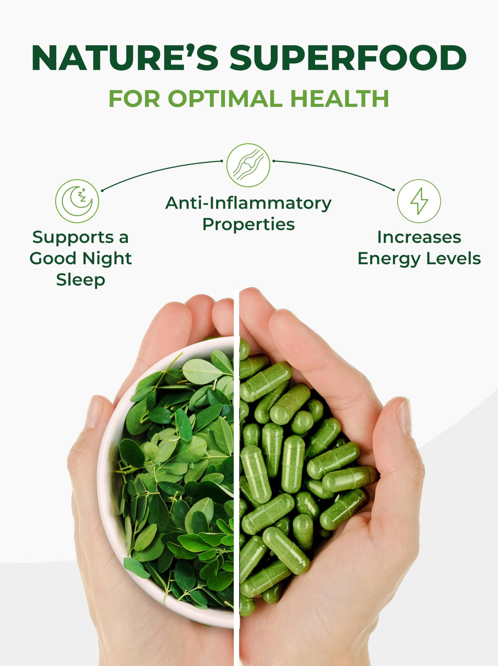 Open capsule showing moringa powder inside.