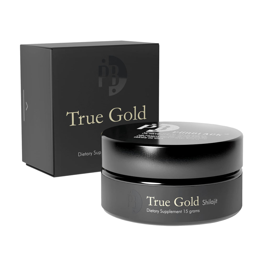 Pürblack Live Resin Pure Gold Shilajit bottle with gold-infused resin for daily vitality