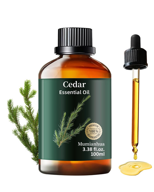 Bottle of pure cedarwood essential oil for bedtime atmosphere