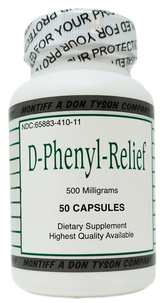Montiff Pure D-Phenyl-Relief 500 mg bottle with 50 capsules
