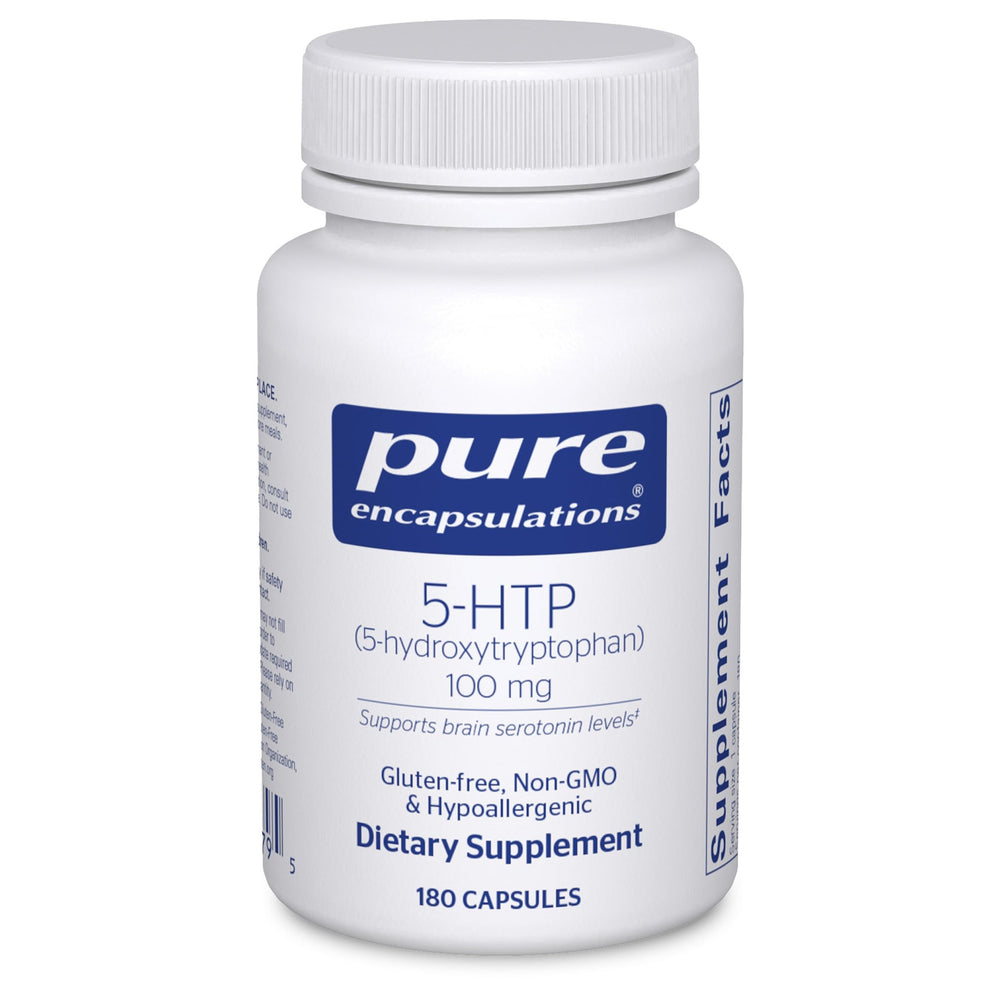 Pure Encapsulations 5-HTP bottle shows gluten-free and non-GMO formulation for daily wellness