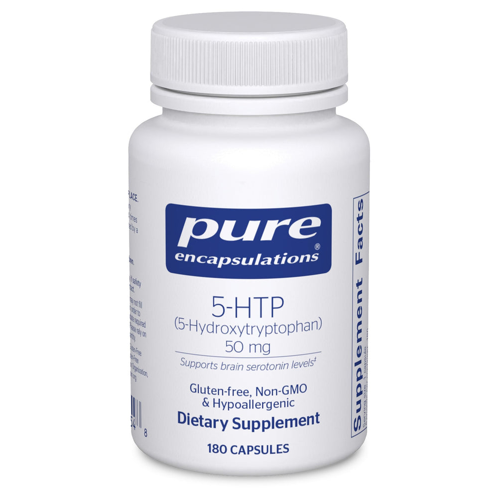 Pure Encapsulations 5-HTP 50 mg bottle with clean label suggesting mood support.