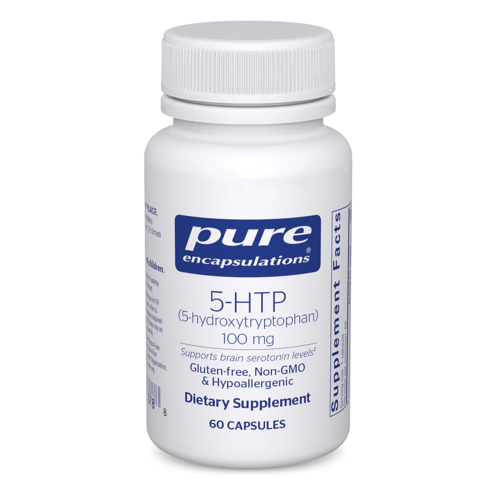 Pure Encapsulations 5-HTP bottle front showing packaging and branding; may support mood and sleep balance.