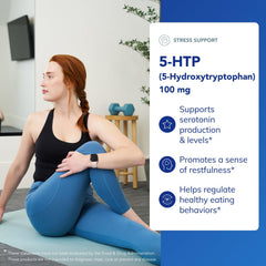 Front label of Pure Encapsulations 5-HTP emphasizes gluten-free, non-GMO attributes