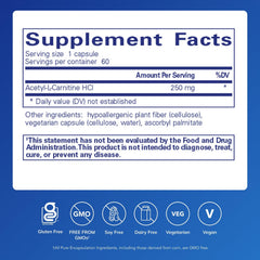 Close-up of Acetyl-L-Carnitine 250 mg bottle label