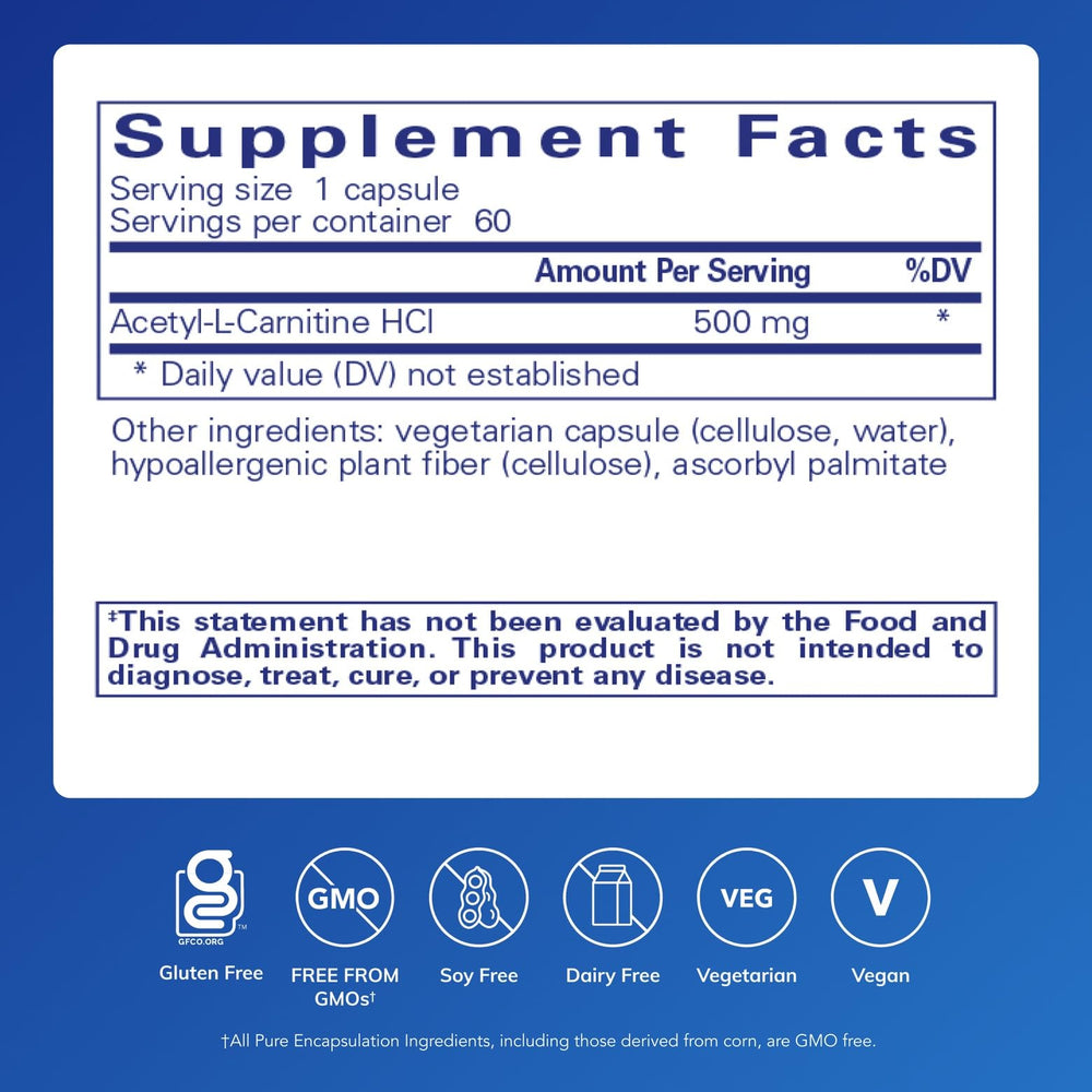 Close-up of Pure Encapsulations Acetyl-L-Carnitine 500 mg capsules for daily cognitive support.