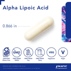 Label close-up of Pure Encapsulations Alpha Lipoic Acid 200 mg showing vegan, non-GMO details.