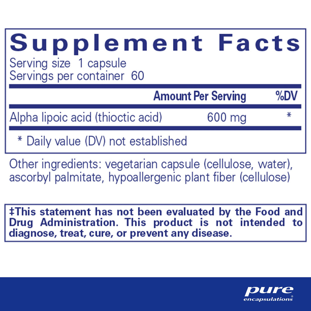 Alpha Lipoic Acid 600 mg bottle - back label with supplement facts
