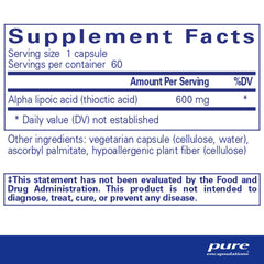 Alpha Lipoic Acid 600 mg bottle - back label with supplement facts