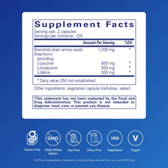 Label of Pure Encapsulations BCAA Capsules highlighting hypoallergenic formulation