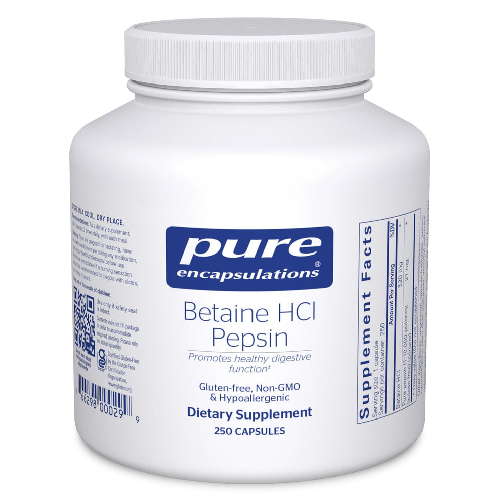 Pure Encapsulations Betaine HCl Pepsin bottle front for digestive support