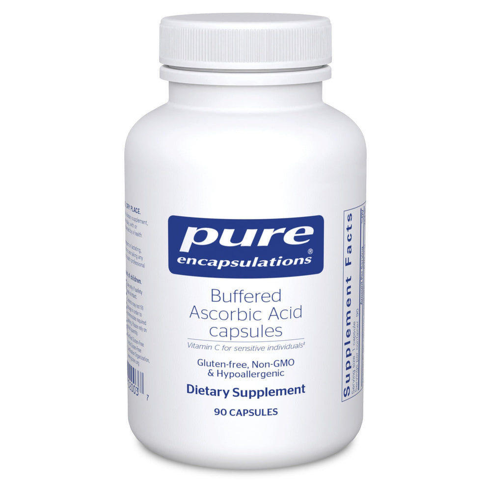 Front view of Pure Encapsulations Buffered Ascorbic Acid Capsules bottle with 90 capsules