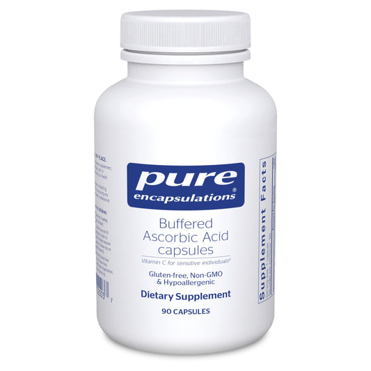 Front view of Pure Encapsulations Buffered Ascorbic Acid Capsules bottle with 90 capsules