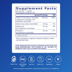Product label showing 90-count bottle for Buffered Ascorbic Acid Capsules