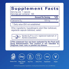 Pure Encapsulations CoQ10 120 mg bottle back label highlights ingredients and allergen-free formula
