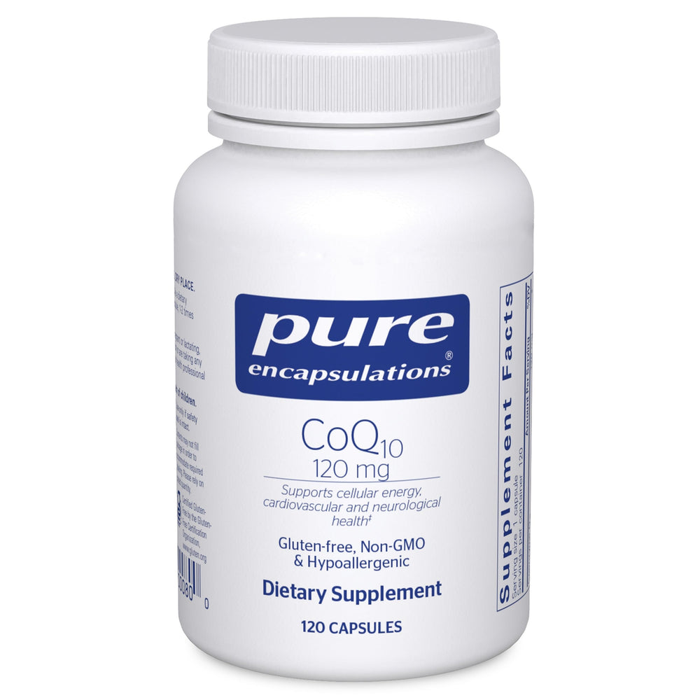 Pure Encapsulations CoQ10 120 mg bottle front view promoting heart and cellular health
