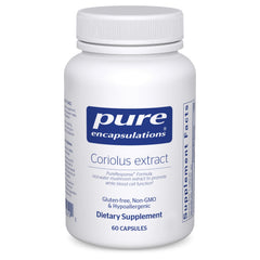 Pure Encapsulations Coriolus Extract bottle and capsules signaling premium immune-support.