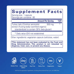 Pure Encapsulations Coriolus Extract capsules shown with label highlighting beta-glucan rich formula.