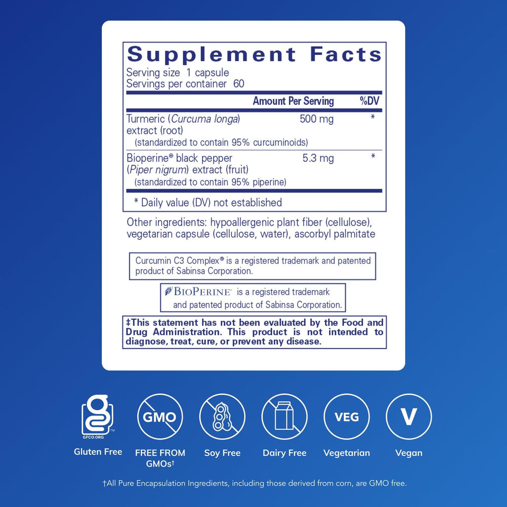 Pure Encapsulations Curcumin 500 bottle side highlights Bioperine for enhanced absorption.