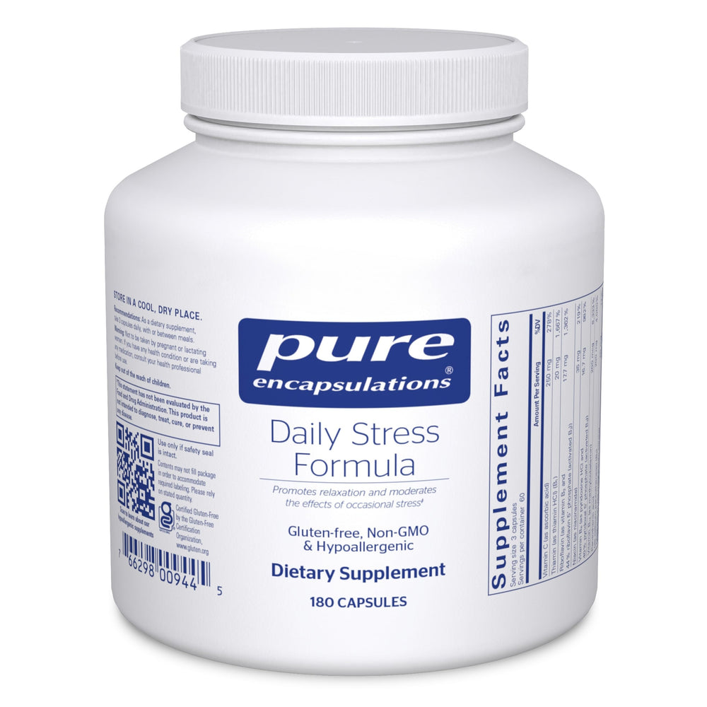 Pure Encapsulations Daily Stress Formula bottle label with 180 capsules