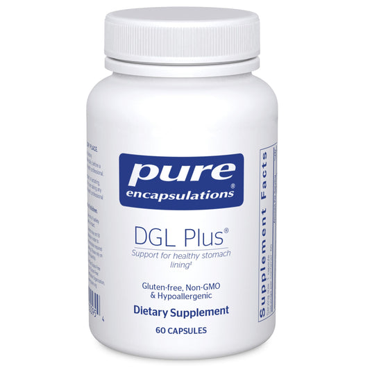 Front view of Pure Encapsulations DGL Plus bottle with 60 capsules