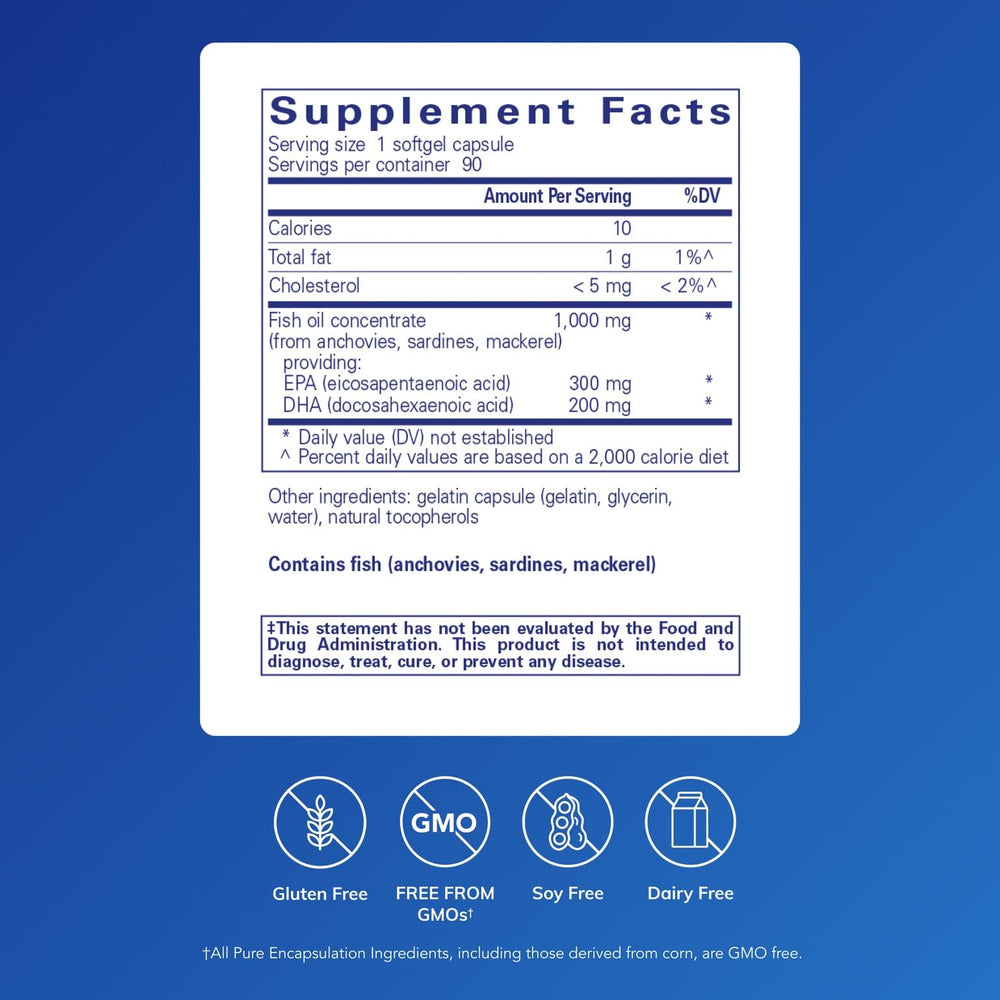 Pure Encapsulations EPA/DHA Essentials label closeup emphasizing purity and allergen-free formulation.