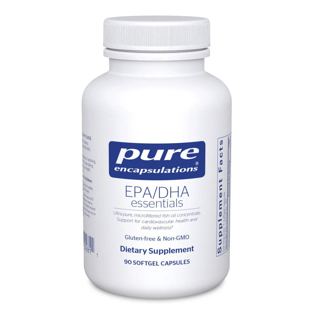 Pure Encapsulations EPA/DHA Essentials softgel bottle highlighting omega-3 heart health benefits.