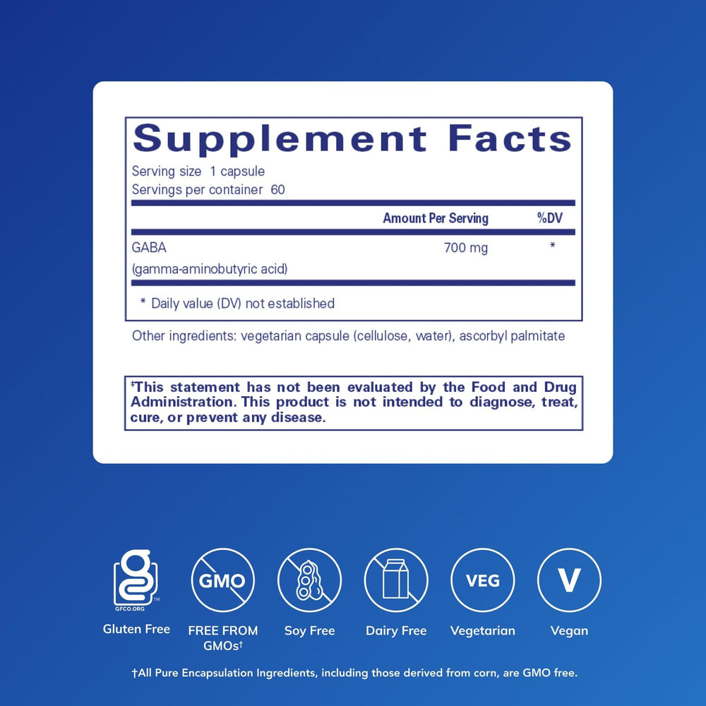 Bottle and label of Pure Encapsulations GABA supplement
