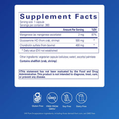 Close-up of product label: glucosamine chondroitin with manganese ascorbate