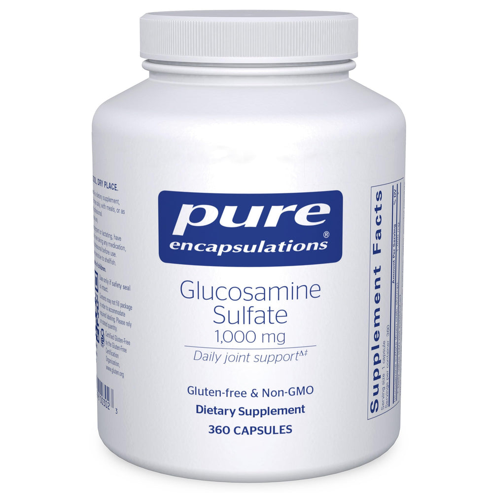 Pure Encapsulations Glucosamine sulfate 1000 mg bottle close-up for joint support.