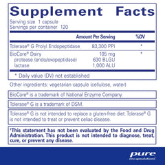Supplement facts panel for Gluten/Dairy Digest on packaging