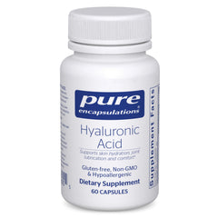Pure Encapsulations Hyaluronic Acid bottle front promoting skin hydration and joint support.