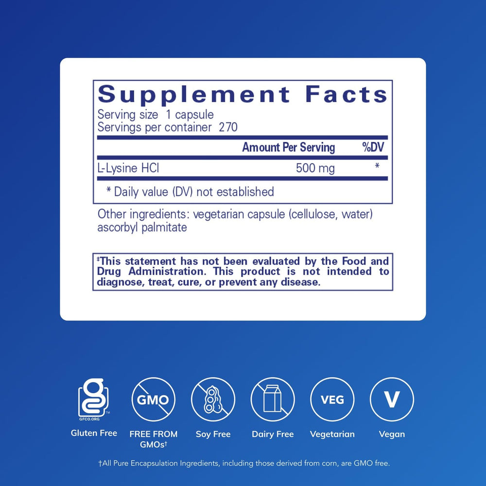 Nutritional label for Pure Encapsulations L-Lysine 270 capsules