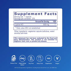 Nutritional label for Pure Encapsulations L-Lysine 270 capsules