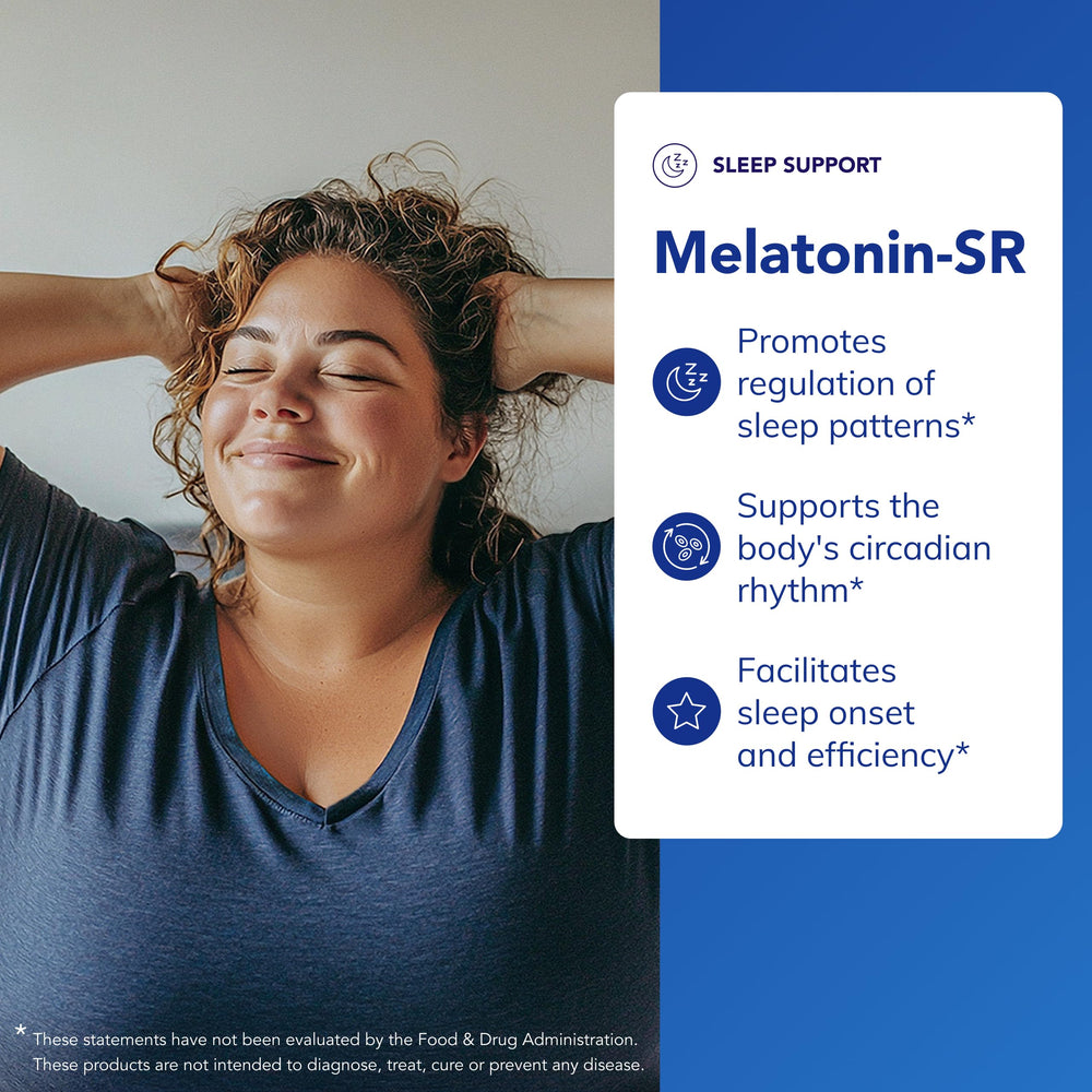 Nutrition facts label close-up on Melatonin-SR bottle